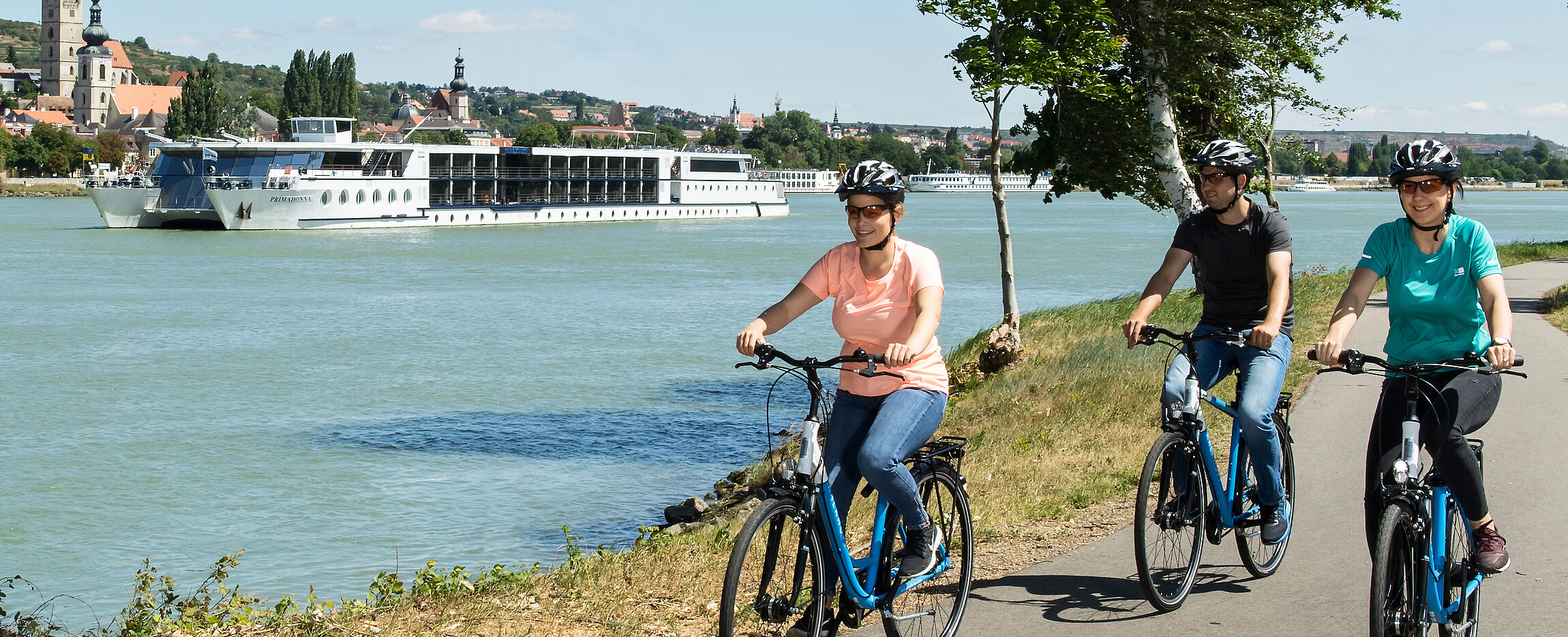 Unsere Kunden auf der Radkreuzfahrt Passau - Wien - Passau werden vom "schwimmenden" Hotel begleitet.