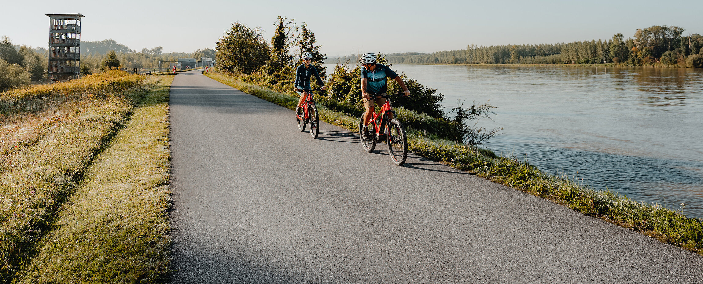 Radfahrer beim Aussichtsturm in Au an der Donau – Naarn im Machlande.